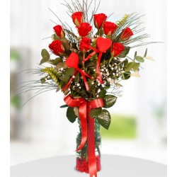 Paşabahçe Vazoda 9 Kırmızı Güller ve Kalpler 